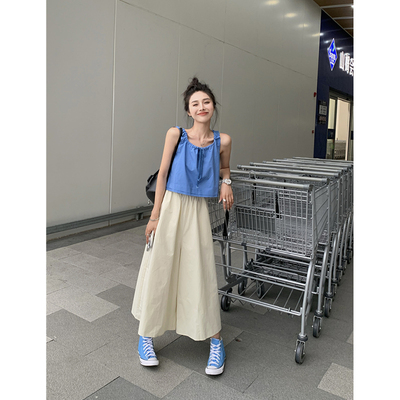 短款无袖背心上衣高腰阔腿裤套装