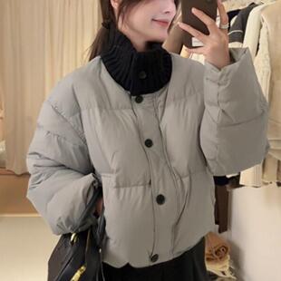 韩版甜美短款棉服外套女冬季新款宽松小个子加厚保暖针织拼接棉衣