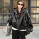 复古短款 双面穿连帽皮衣外套女冬季 夹棉加厚美式 机车夹克棉服上衣