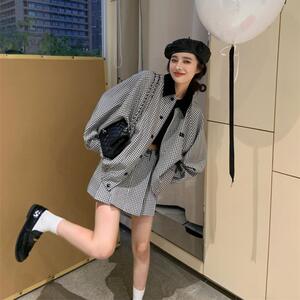 法式气质套装裙女格子撞色廓形小众外套春季A字裙半身裙两件套女
