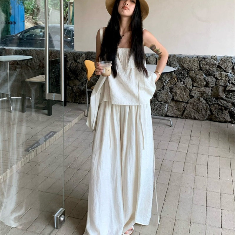 荷叶边白色吊带背心夏季套装女宽松休闲阔腿裤冷淡风高级感两件套