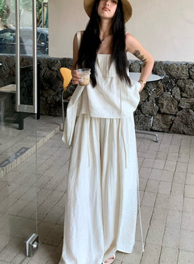 荷叶边白色吊带背心夏季套装女宽松休闲阔腿裤冷淡风高级感两件套