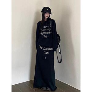 美式复古休闲套装裙女黑色宽松套头卫衣女秋季半身裙长裙两件套女