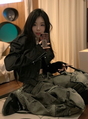 秋季短款飞行员夹克上衣女新款设计感美式复古小众显瘦黑色外套女