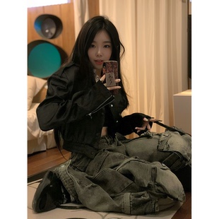 春季短款飞行员夹克上衣女新款设计感美式复古小众显瘦黑色外套女