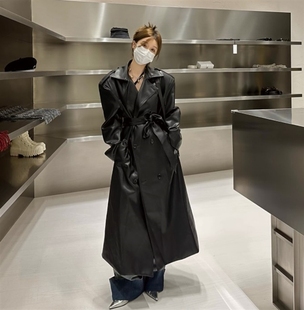 高级感宽松显瘦收腰系带外套女潮 新款 长款 过膝皮衣女2025年秋季