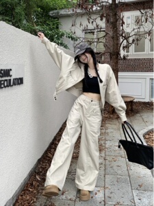 短款长袖工装外套甜酷设计感高腰阔腿长裤女秋季2024新款时尚套装