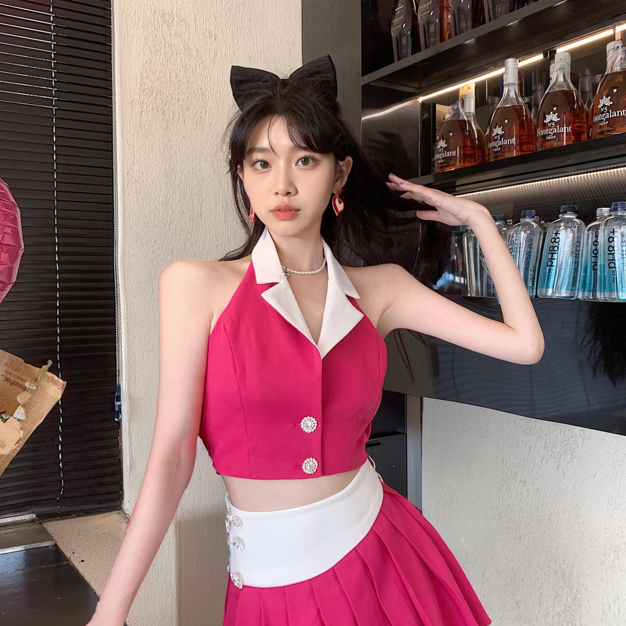 辣妹套装女夏纯欲修身时尚抹胸吊带高腰百褶裙别致半身裙两件套女