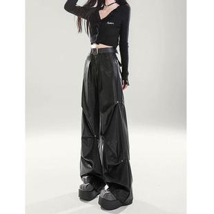 美式辣妹黑色高腰阔腿皮裤2026春季新款设计感小众休闲拖地裤子女
