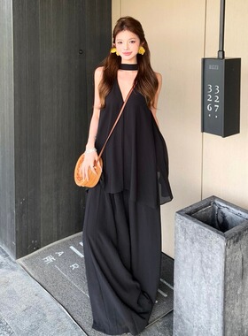 松弛感慵懒穿搭女黑色v领挂脖背心女夏季休闲阔腿裤长裤两件套装