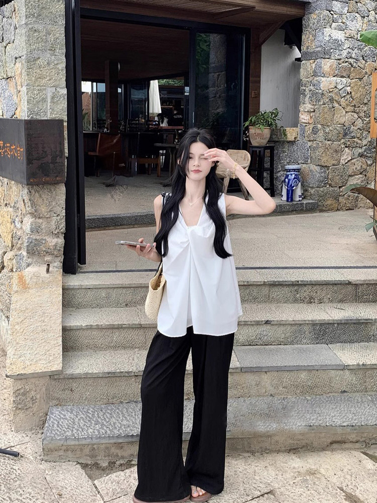 法式慵懒风褶皱无袖衬衫上衣女夏季直筒阔腿休闲裤时尚两件套装女