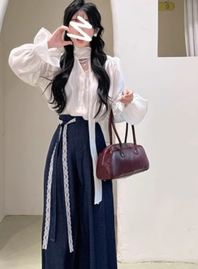 春季穿搭一整套女法式气质白色v领系带衬衫高腰阔腿裤子两件套女