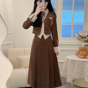 美式学院风套装裙女春季假两件上衣减龄百褶半身裙JK制服两件套女