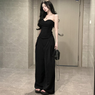 黑色两件套女夏季抹胸上衣休闲阔腿裤高腰显瘦穿搭一整套时尚套装