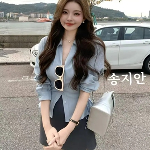 韩版气质翻领收腰衬衫上衣女2025春季新款高腰显瘦短裙两件套装女