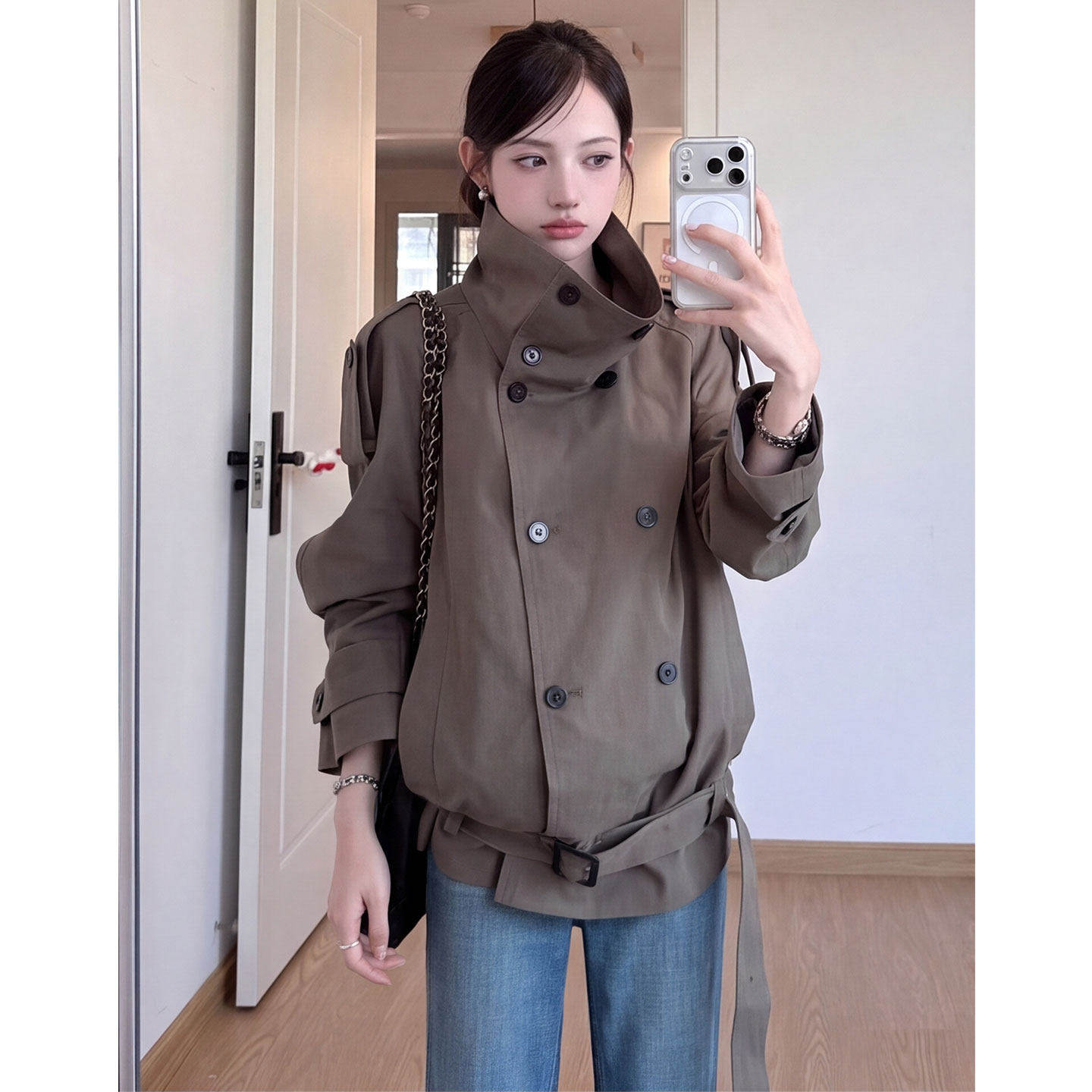【送运费险】卡其绿立领风衣女