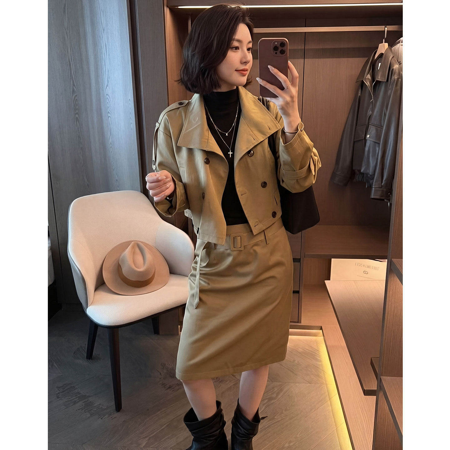 【送运费险】卡其风衣半身裙套装