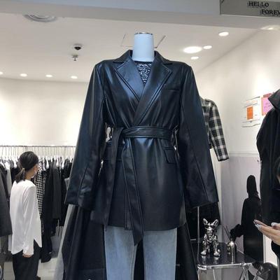 韩版中长款系带西装外套皮衣