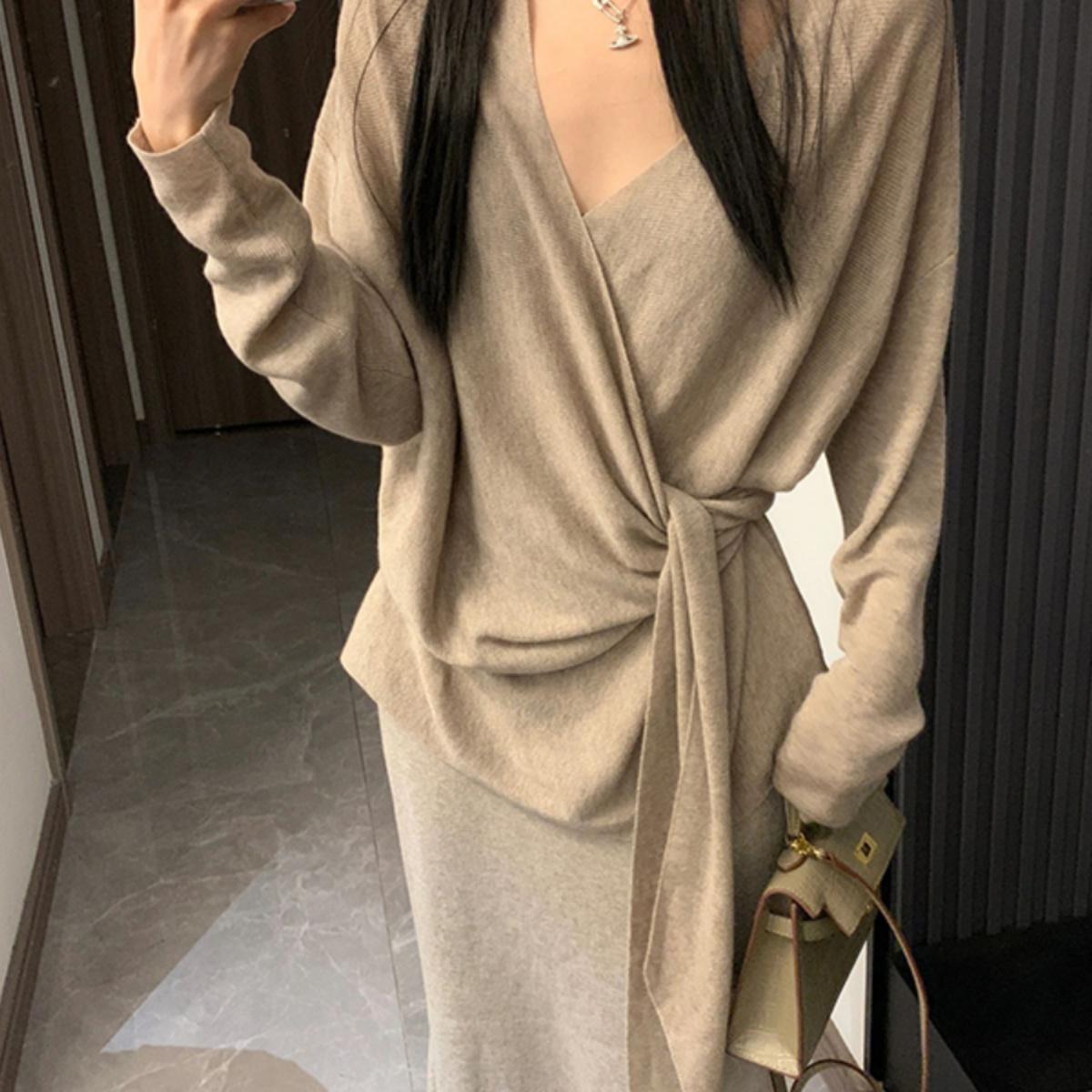 秋季穿搭针织衫上衣高腰半身裙女