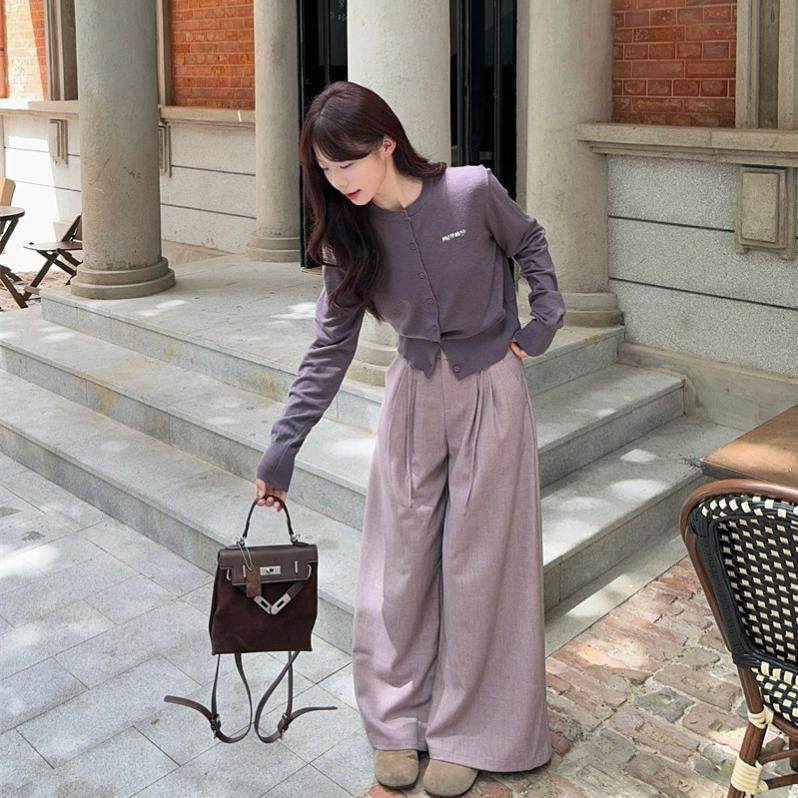 温柔风时尚套装女小个子紫色软糯针织开衫春季阔腿休闲裤两件套女