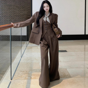 老钱风时尚套装气质长袖西装外套马甲背心女春季休闲阔腿裤三件套