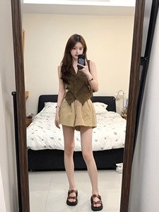 韩系洋气套装女2025夏季气质西装领马甲百搭休闲阔腿短裤两件套女