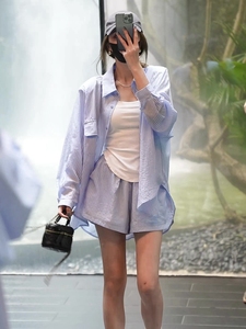 秋季盐系穿搭条纹防晒衬衫套装女高级感短裤洋气御姐气质两件套装