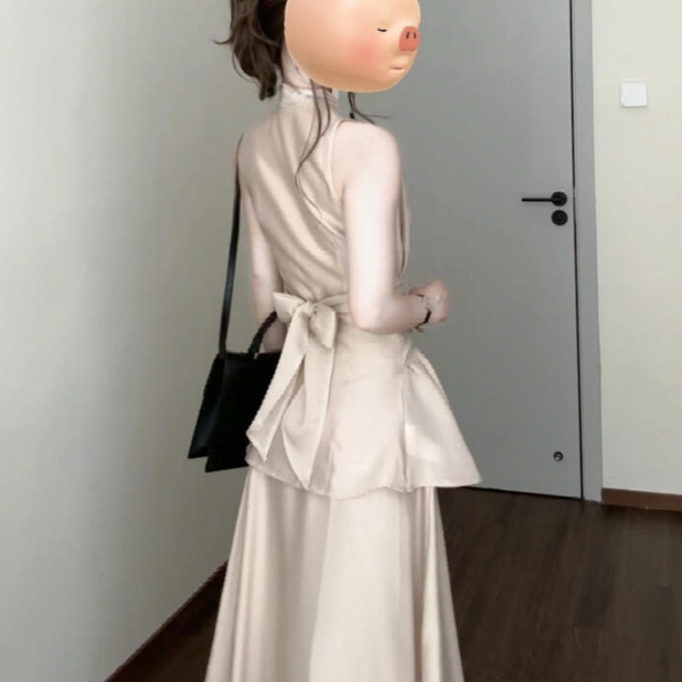 法式气质套装裙女无袖系带收腰背心上衣女夏季显瘦半身长裙两件套