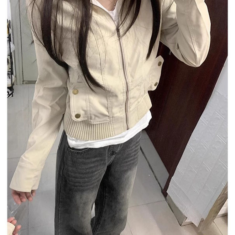 美式工装拉链夹克女春季新款工业风小个子修身收腰立领短外套上衣