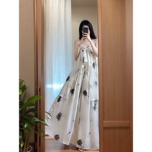 高级感水墨印花无袖吊带上衣女夏季小众气质高腰宽松长裙裤两件套