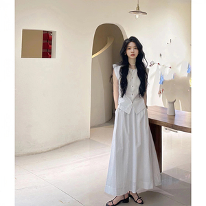 韩系温柔风套装裙女无袖背心衬衣夏季气质显瘦a字半身裙两件套女
