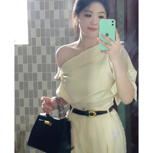 不规则一字领设计感衬衫高级感褶皱上衣春季西装长裤阔腿裤套装女
