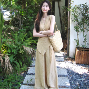 V領不規則背心新款 夏季 溫柔甜妹穿搭套裝 女無袖 兩件套 高腰闊腿褲