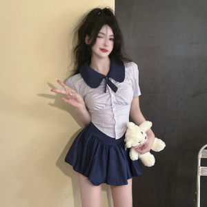 夏季短袖收腰衬衫女设计感小众学院风上衣学生制服纯欲不规则衬衣