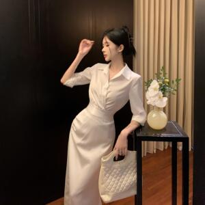 法式气质套装裙女白色长袖polo领衬衫上衣春季a字半身裙子两件套