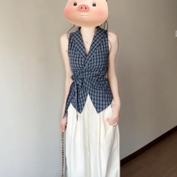法式设计感绑带蝴蝶结格子吊带背心女2026夏季新款复古辣妹上衣女