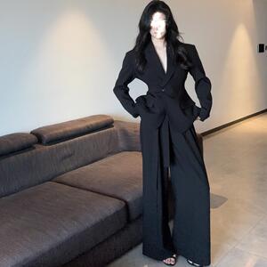 韩系高级感气质套装女秋季黑色西服外套上衣高腰显瘦阔腿裤两件套