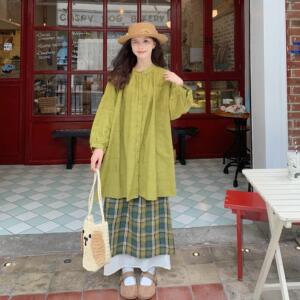 春季甜美风套装裙女肌理感日系宽松衬衫格纹拼接半身长裙两件套女