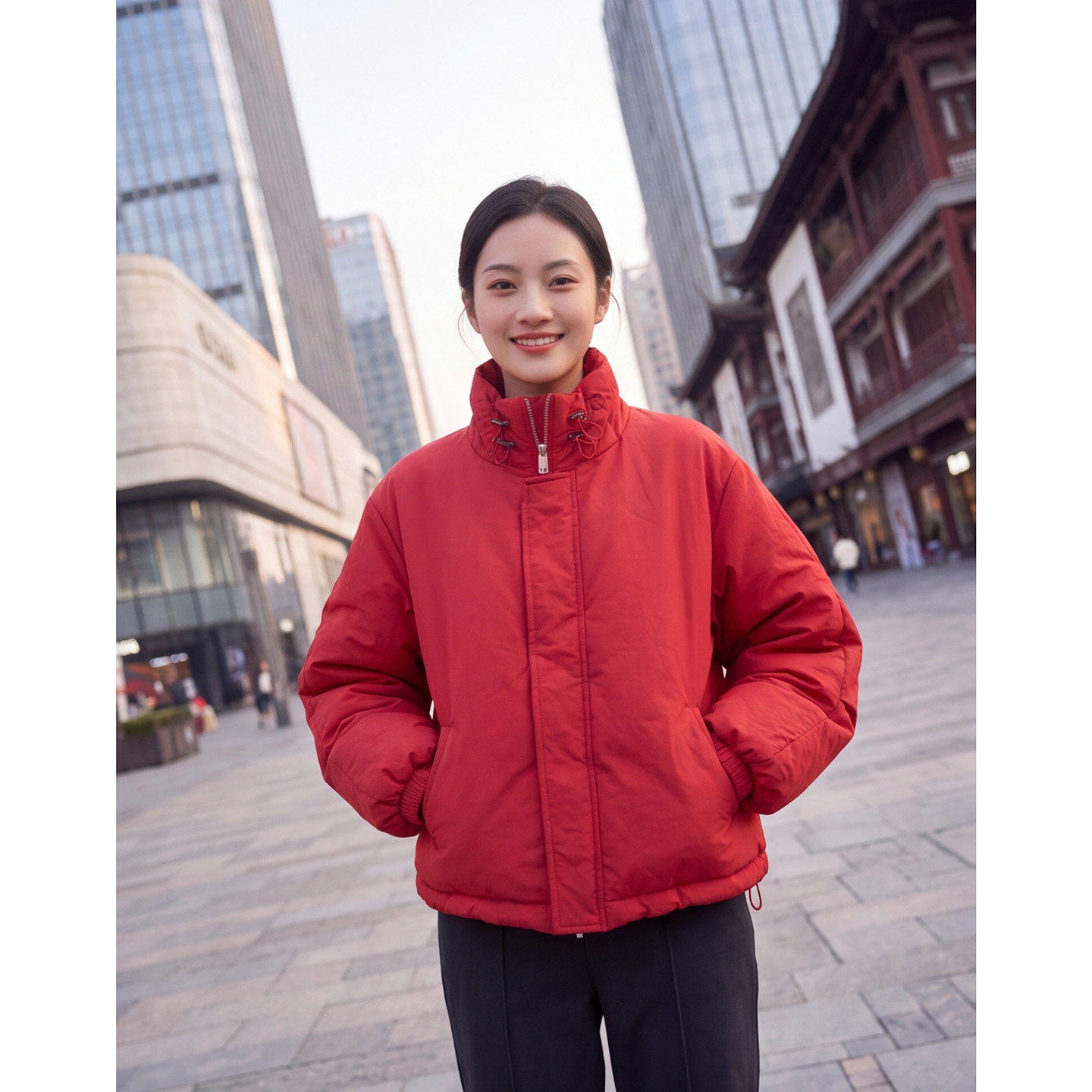 【送运费险】红色短款立领棉服女