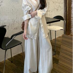 慵懒风套装女V领长袖衬衫上衣女春季高腰休闲裤长裤薄款两件套女