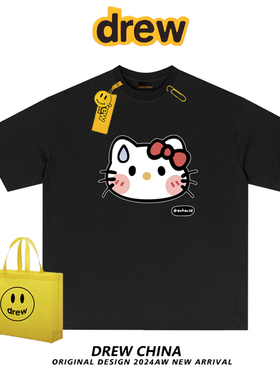 drew笑脸HelloKitty卡通猫印花短袖t恤男女美式潮牌宽松情侣上衣