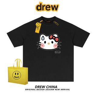 drew笑脸HelloKitty卡通猫印花短袖t恤男女美式潮牌宽松情侣上衣