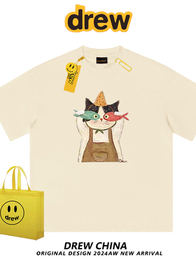 Drew美式潮牌趣味猫咪印花休闲百搭正肩短袖男女T恤休闲情侣上衣
