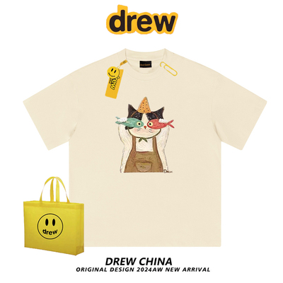 Drew美式潮牌趣味猫咪印花休闲百搭正肩短袖男女T恤休闲情侣上衣