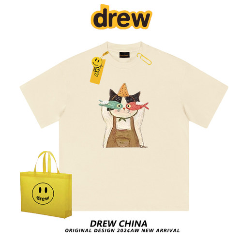 Drew美式潮牌趣味猫咪印花休闲百搭正肩短袖男女T恤休闲情侣上衣