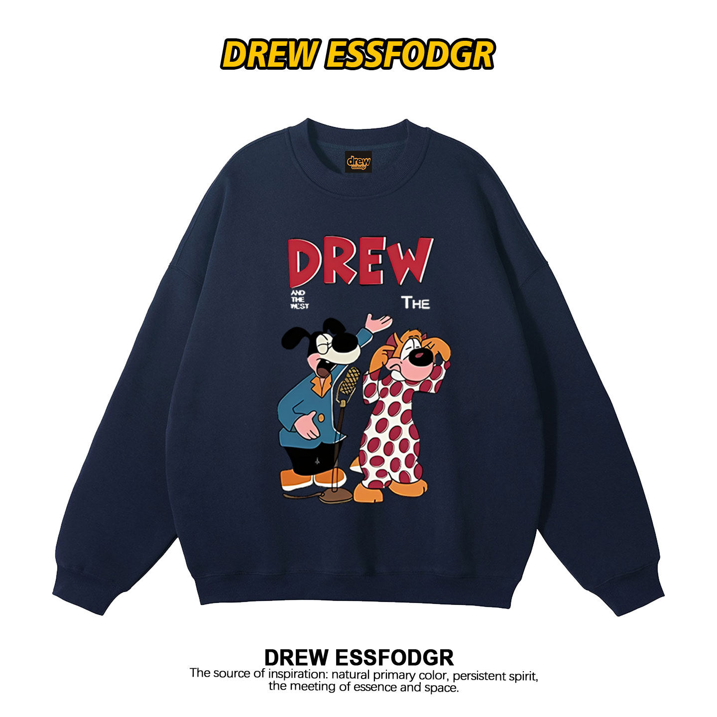 drew美式潮牌卡通复古藏青色圆领卫衣男女情侣装休闲宽松秋冬上衣