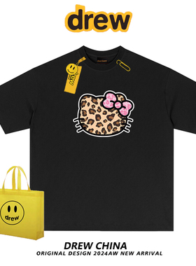 drew美式复古豹纹HelloKitty短袖t恤男女潮牌休闲宽松情侣半袖INS