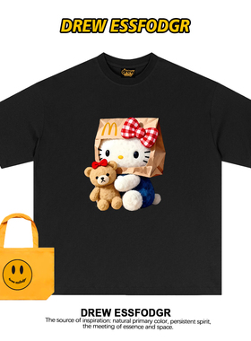 Drew美式卡通HelloKitty印花短袖T恤男女宽松可爱情侣装纯棉半袖