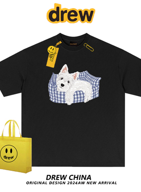 drew笑脸潮牌趣味沙发西高地狗狗上衣印花纯棉短袖T恤男女休闲ins