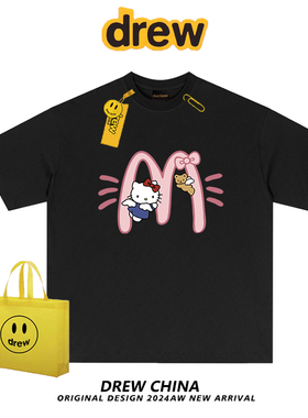 drew麦门HelloKitty猫短袖T恤男女学生宽松休闲情侣纯棉上衣ins夏